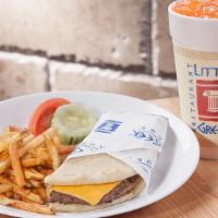 Kid'S Pita Burger W/ Fries · A classic kid's favorite now on pita bread. Lettuce, tomato, onion, tzatziki on the side. Wi...