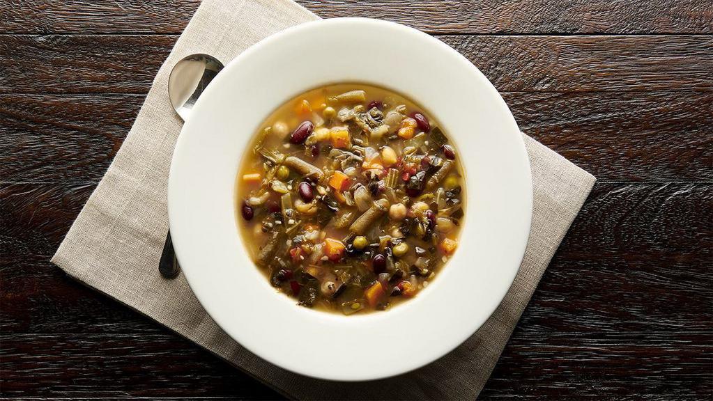 Bowl Organic Garden Vegetable Soup (V) (120 Cal) · This updated classic recipe features a dozen hearty, certified-organic ingredients: cabbage, onions, carrots, celery, garlic, kidney beans, peas, green beans, tomatoes, garbanzo beans, red bell pepper and spinach.