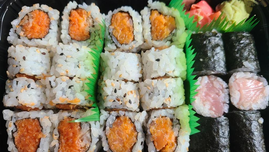 Sushi Deluxe · 10 pieces sushi and spicy tuna roll. *Consuming raw or undercooked meats, poultry, seafood, shellfish, or egg may increase your risk of foodborne illness, especially if you have certain medical conditions.
