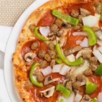 Grand Slam Deluxe Pizza · Pizza Sauce, Mozzarella, Pepperoni, Sausage, Green Peppers, Mushrooms, and Onions.