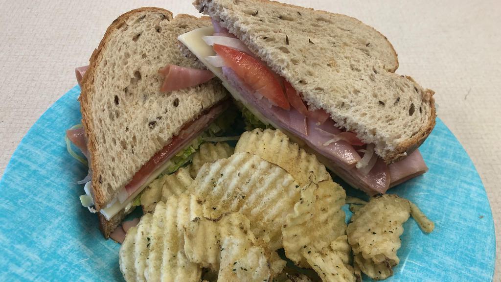 Ham & Cheese Sandwich · We use Virginia baked ham with your choice of cheese and chips for a lite lunch.