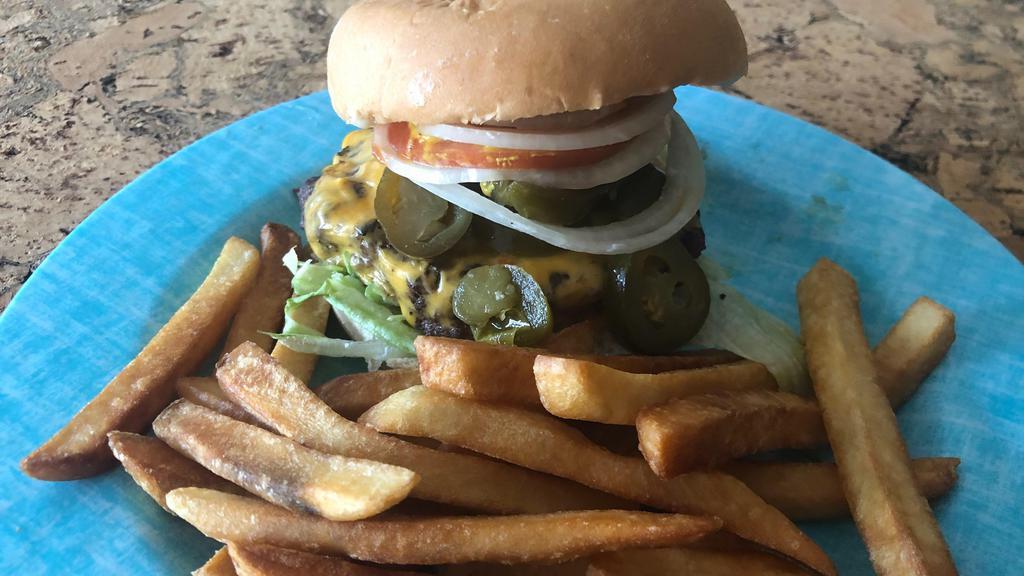 Jalapeño Cheeseburger · Six-ounce burger grilled to perfection with grilled jalapeños and melted cheese. Add fries or onion rings.