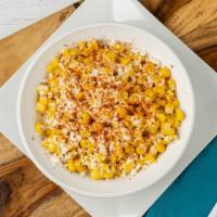 Esquites Mexicano · Golden corn kernels with mayonnaise, tajin, butter and queso fresco.