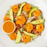 Chipotle Shrimp Salad · Chipotle grilled shrimp, lettuce, cherry tomatoes, rice, pico de gallo and avocado slices. S...