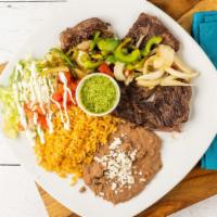 Bistec & Peppers · Steak cooked with peppers and onions simmered together. Served with a side of chimichurri sa...
