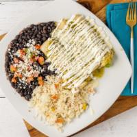 Enchiladas Michoacana (Dinner) · Three corn tortillas stuffed with shredded cheese and avocado. Topped with green tomatillo s...