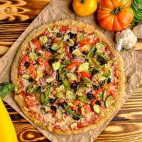 Vegan Deluxe Pizza · Roasted Basil Pizza Sauce, Vegan Mozzarella Cheese, Bell Peppers, Red Onions, Portabella Mus...