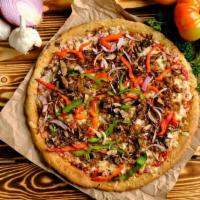 Philly Pizza · Roasted Basil Pizza Sauce, Vegan Mozzarella Cheese, Mild Beyond Sausage, Red Onions, Bell Pe...