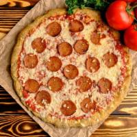 Pepperoni Pizza · Roasted Basil Pizza Sauce, Vegan Mozzarella Cheese & Vegan Pepperoni(Seitan).