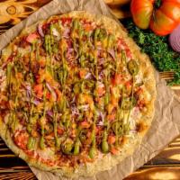 Mexican Pizza · Roasted Basil Pizza Sauce, Vegan Mozzarella Cheese, Taco Seasoned Beyond Sausage, Tomatoes, ...