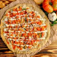 Buffalo Ranch Chicken Pizza · Brenda Ann's Vegan Ranch Base, Vegan Mozzarella Cheese, Vegan Chick'n (Wheat-Gluten), Spinac...