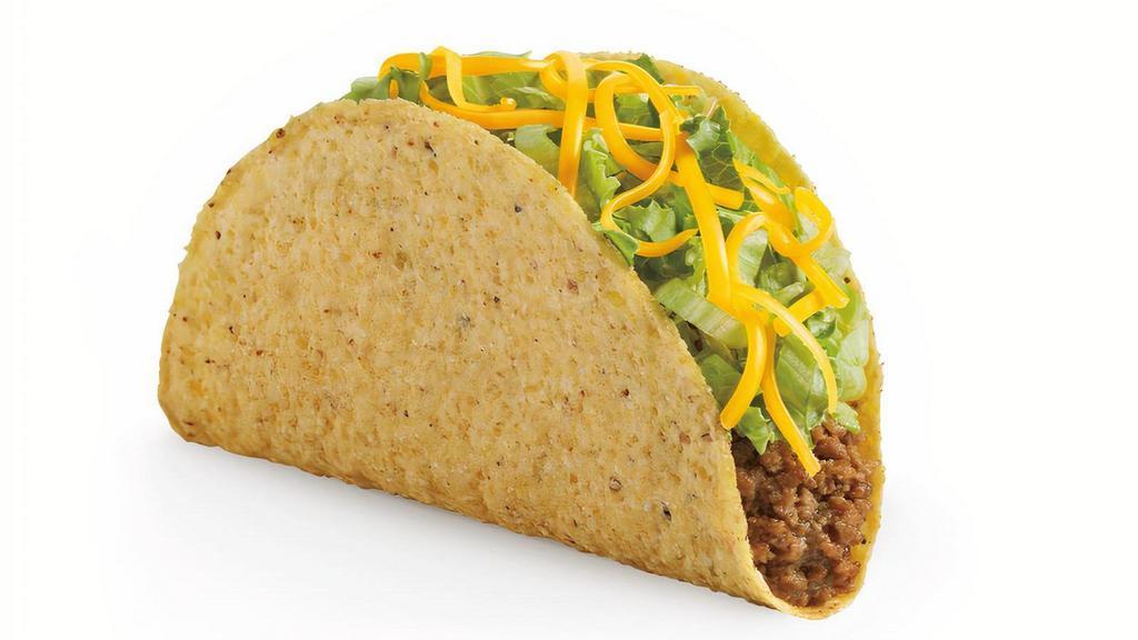 Snack Taco · A crunchy corn tortilla or warm flour tortilla is layered with seasoned beef, crisp lettuce, and freshly hand-grated cheddar cheese.