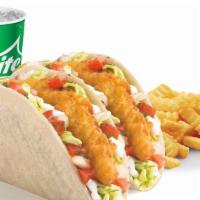 2 Beer Battered Fish Tacos · Two of our Beer Battered Crispy Fish Tacos, plus our famous Crinkle Cut Fries and a refreshi...