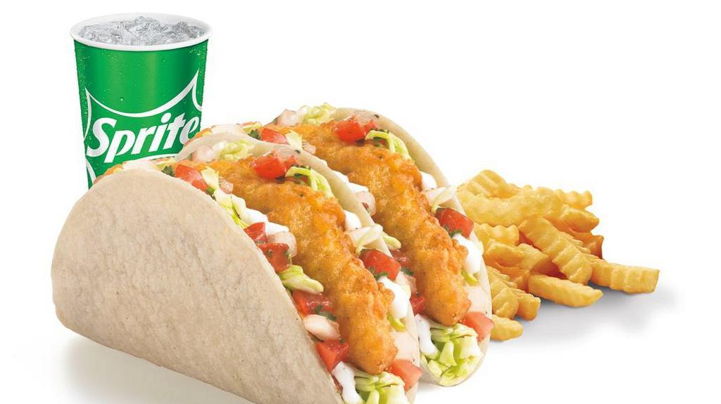 2 Beer Battered Fish Tacos Meal · Two of our Beer Battered Crispy Fish Tacos, plus our famous Crinkle Cut Fries and a refreshing beverage.
