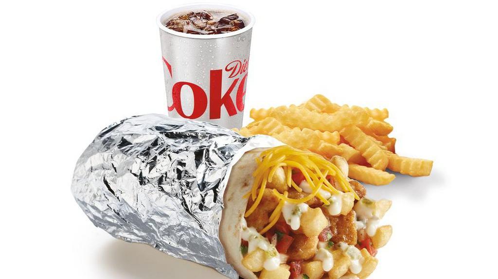 Epic Loaded Queso Burrito Meal · Our Epic Loaded Queso Burrito plus our famous Crinkle-Cut Fries and a refreshing beverage.. **Due to product shortage, queso blanco may be temporarily substituted with Jack cheese.**