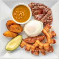 Mega Bandeja Paisa · Red beans, rice, egg, fried sweet plantains, sausage corn cake grilled steak, pork, and avoc...