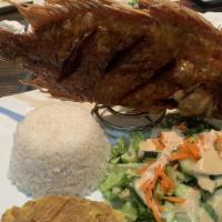 Filete De Pescado/Grilled Swai Fish Filet In House Sauce · Filete de pescado/served with rice, salad, and sweet or green plantains.