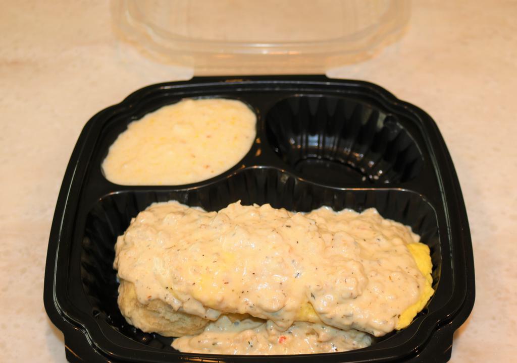 Biscuit Eggs And Gravy · Split biscuit topped with scrambled eggs and our own chicken sausage gravy, served with a choice of side.