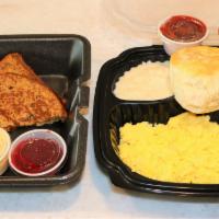 Egg-Stravaganza · Two eggs served with our chicken sausage, all-natural nitrate free applewood bacon, creamy d...