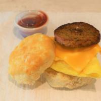 Sausage Egg & Cheese Biscuit · Biscuit sandwich with our signature chicken sage sausage patty, scrambled egg and American c...