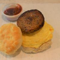 Sausage And Egg Biscuit · Biscuit sandwich with chicken sausage and scrambled egg.