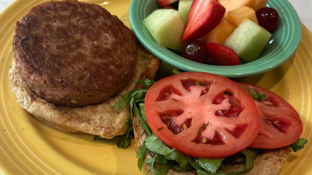 Beyond Burger · One quarter pound Beyond burger grilled and topped with lettuce, tomato, pickle chips and vegan mayo on a whole wheat bun. Served with your choice of side.