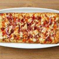 Buffalo Chicken Flatbread · Ranch base, mozzarella cheese, grilled chicken, signature hot sauce, red onions and crumbled...
