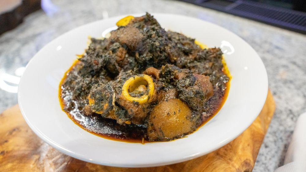 Afang (Vegetable) Soup · Afang, water leaves cooked with assorted meat, stock fish, and spices choice of meat or goat meat.