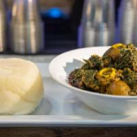 Okro Soup · Fresh cooked sliced okoro, scotch bonnet pepper, and spices, choice of meat, assorted meat, ...