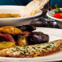 Branzino With Roasted Potatoes With Soup · Branzino with Roasted Potatoes. Includes soda and soup or salad of the day.