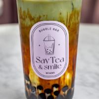 Matcha Black Sugar · Black sugar, regular milk, organic matcha green tea, tapioca pearls, sweet cream cold foam