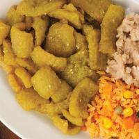 Chicharron (Pork Rind) · With green sause
Include  rice, beans  and  tortillas