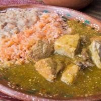 Costillas De Puerco Verdes · INCLUDE: rice,beans and tortillas