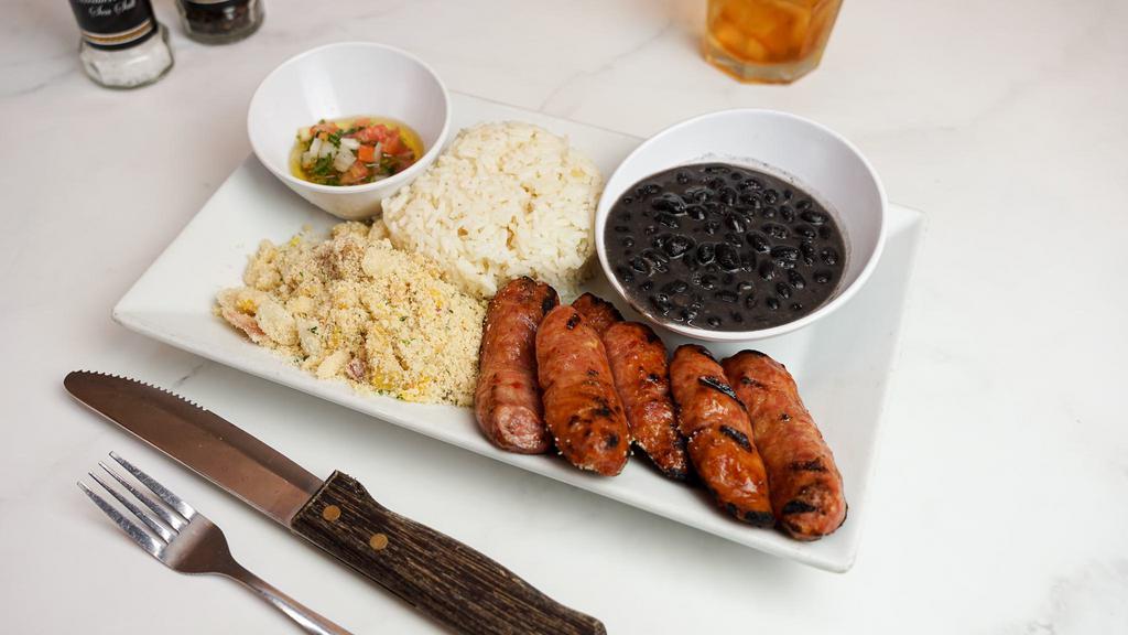 Linguiça Platter  · 3 delicious Brazilian pork sausage  served 3 choices of sides