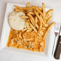 Chicken Stroganoff  · With rice, fries and a delicious stroganoff sauce and mushrooms