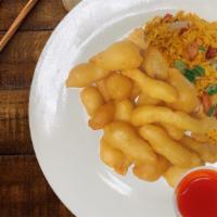 Cb- Sweet & Sour Chicken 甜酸鸡 · Each Plate Served with an Spring Roll & Plain Fried Rice.