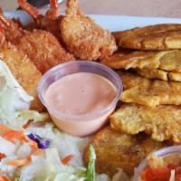 Crispy Fried Shrimps · Includes Tostones and Garden Salad