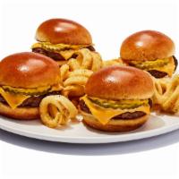 Burger Sliders · 4, Fresh ground beef topped with cheese,
mustard, pickles. Served with fries.