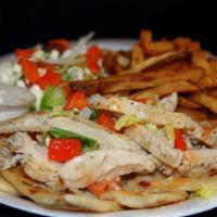 Chicken Gyro Plate · Sliced grilled chicken breast served over sliced pita with a side Greek salad, Greek fries, ...
