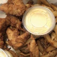 Chicken Finger Plate · Hand battered fresh chicken served with Greek fries and choice of homemade honey mustard or ...