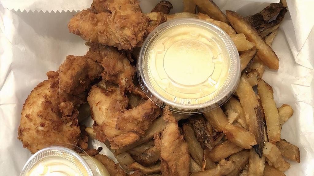 Chicken Finger Plate · Hand battered fresh chicken served with Greek fries and choice of homemade honey mustard or ranch dip.