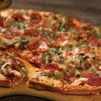 Meat Me™ · Italian sausage, Canadian bacon, Andouille sausage, pepperoni, green olive and fresh basil g...