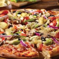 Veggie 7 Pizza · Red onions, green bell peppers, sliced mushrooms, black olives, artichoke hearts and red pep...