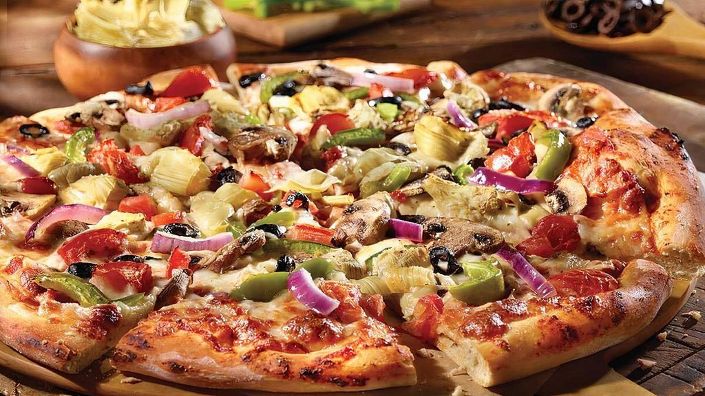 Veggie 7 Pizza · Red onions, green bell peppers, sliced mushrooms, black olives, artichoke hearts and red peppers.