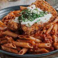 Chicken Parmesan · Basil-parmesan crusted chicken breast, mozzarella, penne, blistered tomatoes, fresh basil & ...