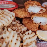 Fish & Chips   · Lightly fried beer battered cod served with tangy tartar sauce, coleslaw and fries.