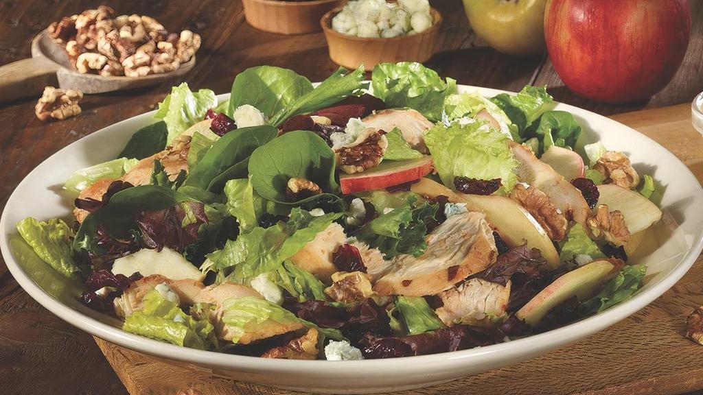 *Gs* Roasted Chicken & Apple Walnut Salad · Fresh greens, bleu cheese crumbles, apple slices,. toasted walnuts, sun-dried cranberries and. applewood-spiced chicken.  Enjoy with creamy herb dressing.