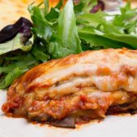 Parmigiana (Individual) · Fine cut Melanzane (eggplant) layered with Pomodoro sauce,
Parmesan & Mozzarella Cheese