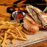 Smoked Pork Cubano · sliced ham · in-house smoked pork · Swiss · pickles · beer mustard · chipotle mayo · served ...