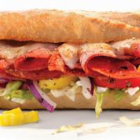 Grilled Classic Italian · Smoked ham, hard salami, pepperoni, provolone, mayo, lettuce, red onions, banana peppers, oi...